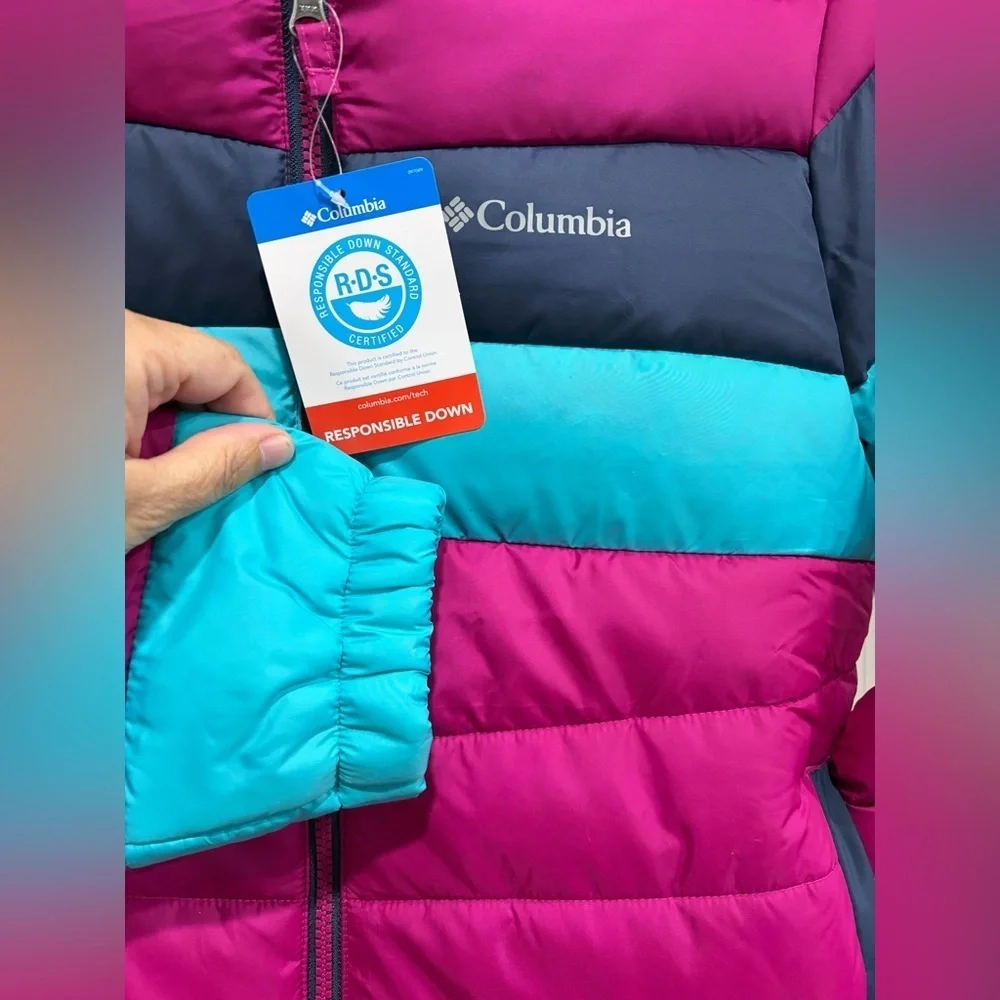 Columbia Girl's Large Tumble Rock Down Hooded Jacket NWT Pink Blue Puffer Ski